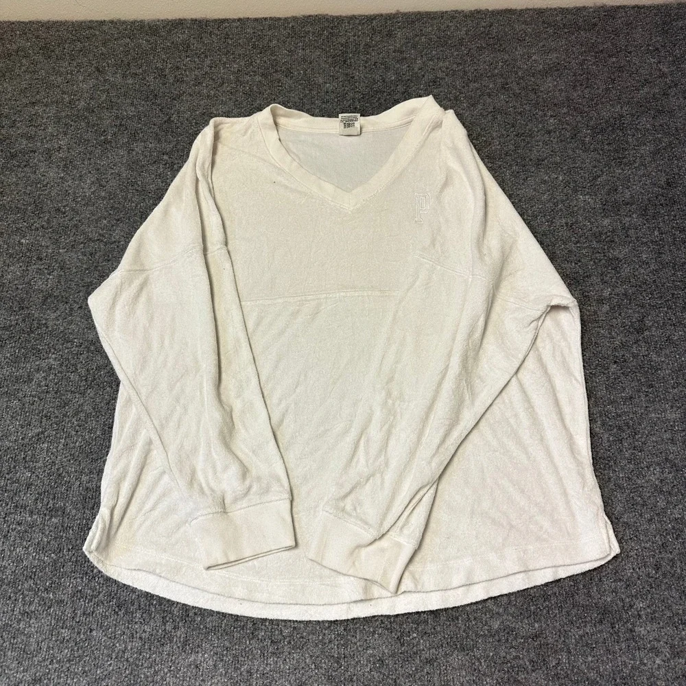 PINK Long Sleeve Top Womens Size L White Terry Cloth V-Neck Oversized Pullover